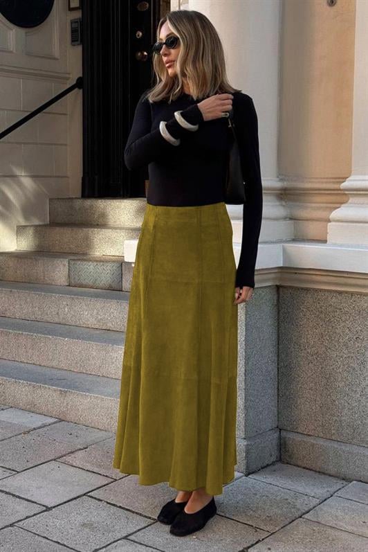MDX Oil Green Suede Long Skirt Mg2549 - Zwijndrecht