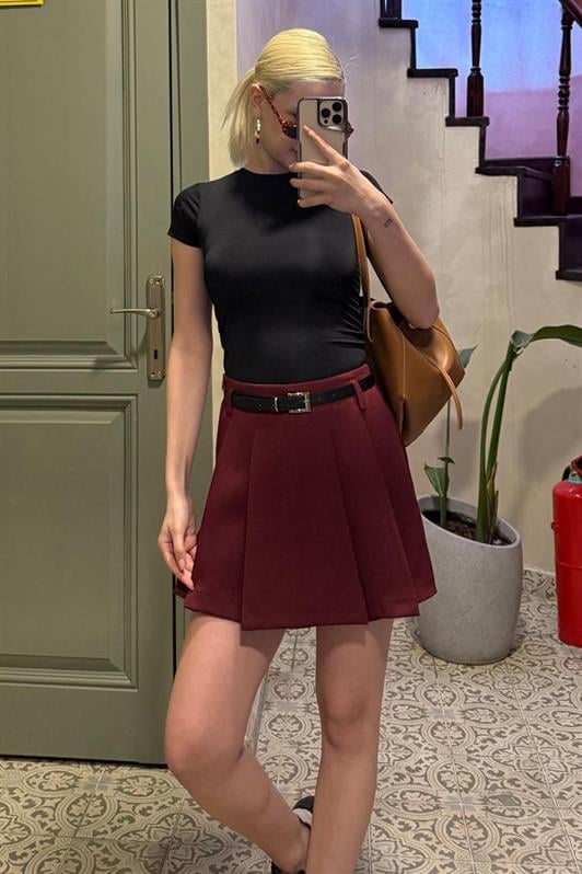 MDX Burgundy Pleated Women's Mini Shorts Skirt Mg2402 - Bath