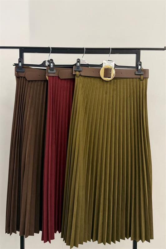MDX Haki Pleated Belted Long Suede Women's Skirt MG2576 - Sesto Fiorentino