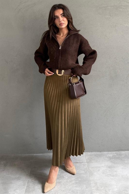 MDX Haki Pleated Belted Long Suede Women's Skirt MG2576 - Sesto Fiorentino