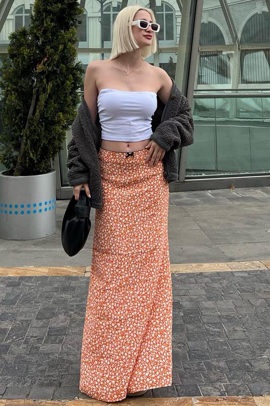 MDX Orange Flower Patterned Slit Midi Skirt MG2082 - Apan
