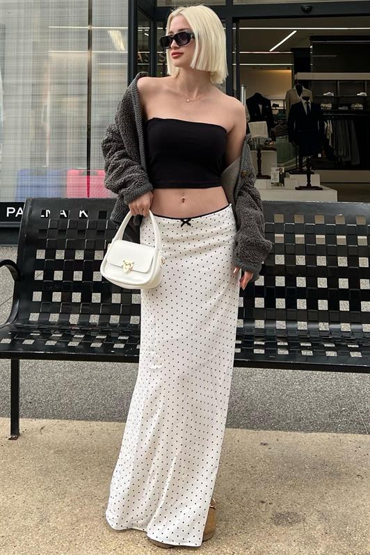 MDX White Polka Dot Slit Midi Skirt MG2082 - Gastonia