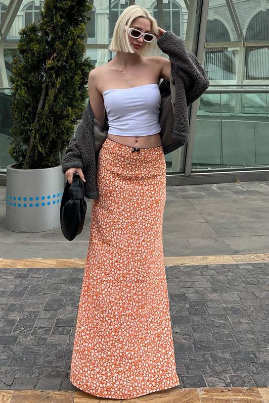 MDX Orange Flower Patterned Slit Midi Skirt MG2082 - Apan
