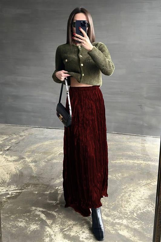 MDX Burgundy Wrinkled Pattern Midi Length Women's Skirt MG2266 - Tecate