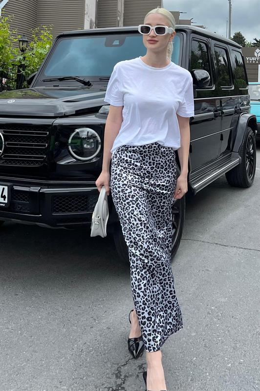 MDX Gray Leopard Patterned Satin Midi Skirt MG2079 - Ciampino