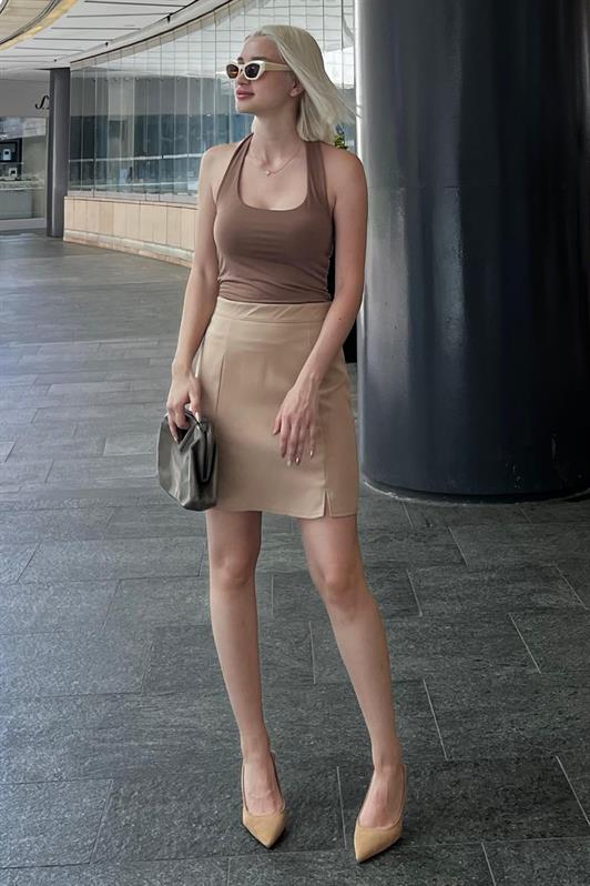 MDX Beige High Waist Front Slit Short Skirt MG2086 - Salamanca