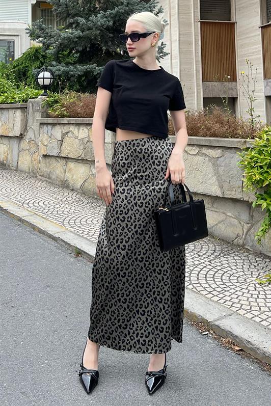 MDX Green Leopard Print Satin Midi Skirt MG2079 - Pamplona