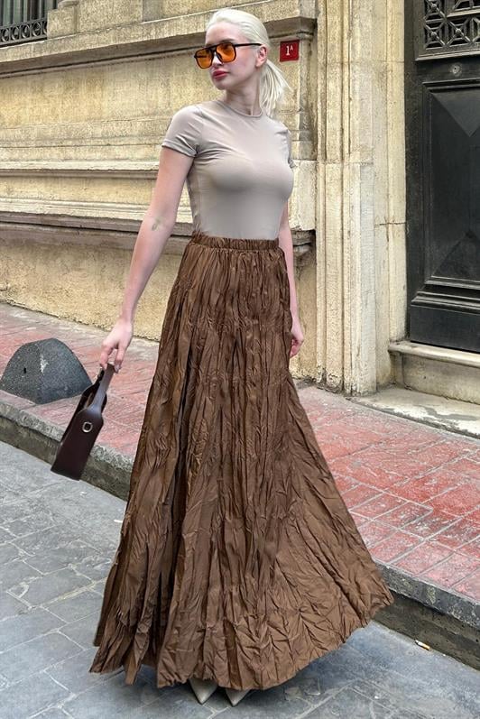 MDX Brown Wrinkled Pattern Midi Length Women's Skirt MG2266 - Lübeck