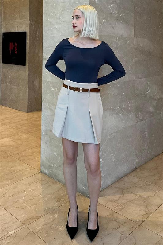 MDX Ecru Pleated Belted Skirted Woman Skirt MG2247 - Lawrence