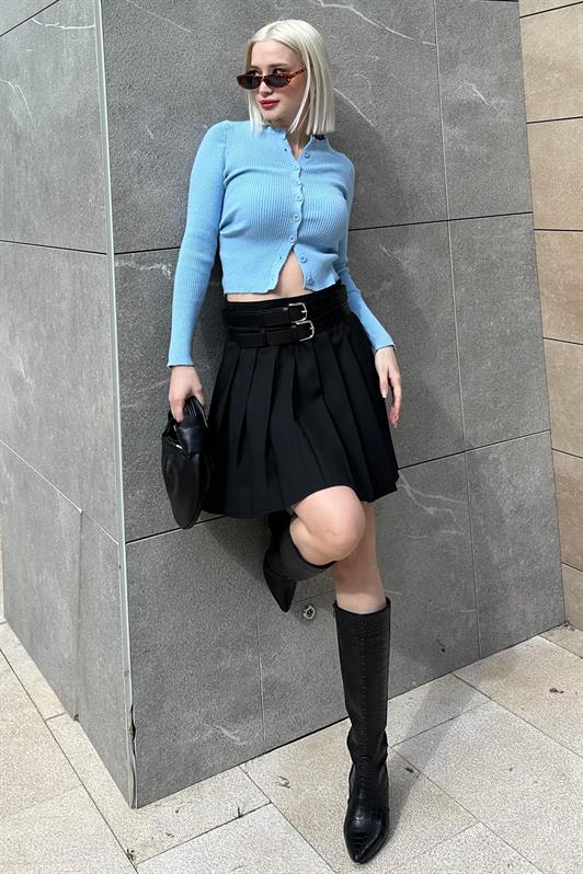 MDX Black Pleated Two-Belted Women's Skirt MG2246 - El Pueblito