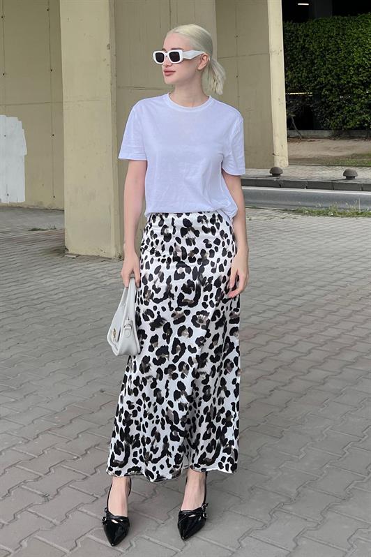 MDX White Leopard Patterned Satin Midi Skirt MG2079 - La Línea de la Concepción