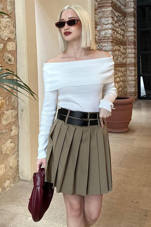 MDX Beige Pleated Two-Belted Women's Skirt MG2246 - Portage
