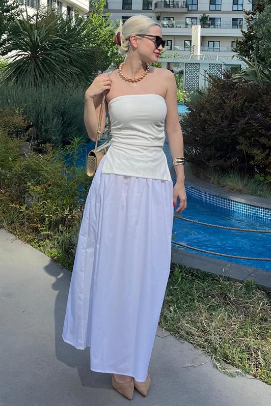 MDX White Basic High Waist Elasticated Lined Pocket Detailed Midi Skirt MG2154 - Cork
