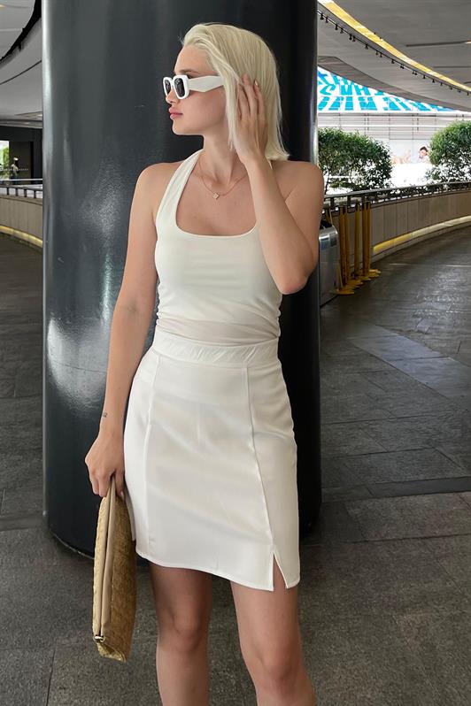 MDX White High Waist Front Slit Short Skirt MG2086 - Ashton