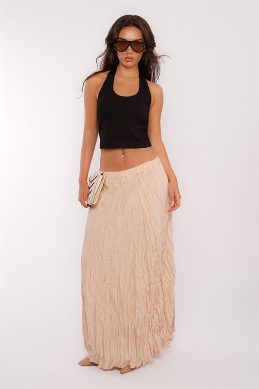 MDX Beige Wrinkled Pattern Midi Length Women's Skirt MG2266 - Nikopol
