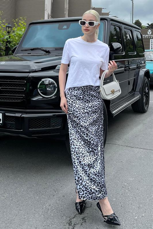 MDX Gray Leopard Patterned Satin Midi Skirt MG2079 - Ciampino