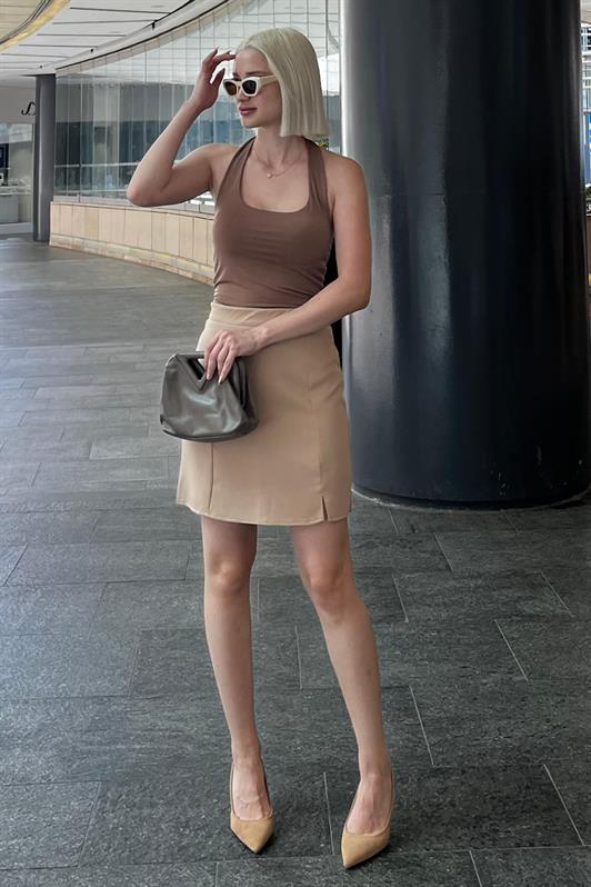 MDX Beige High Waist Front Slit Short Skirt MG2086 - Salamanca
