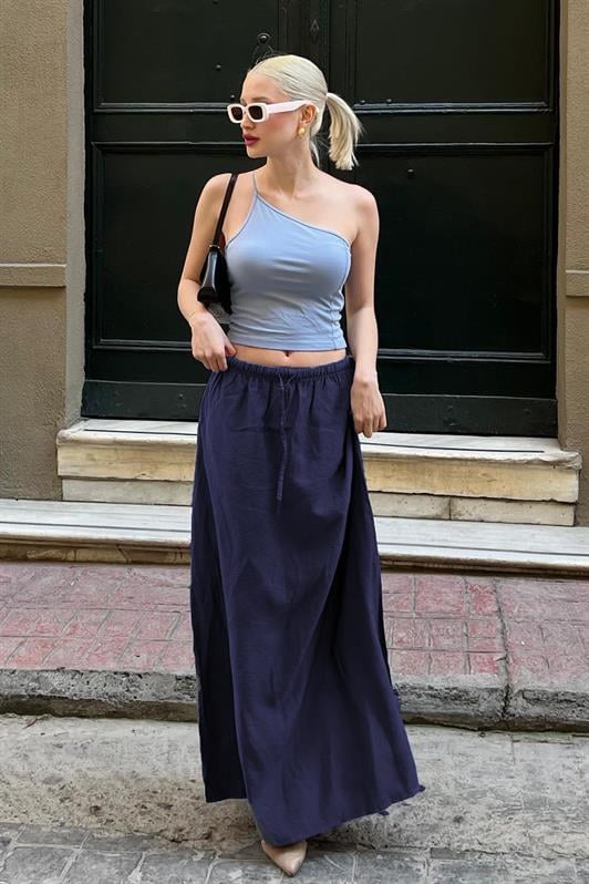 MDX Navy Blue Elastic Waist Long Women's Skirt MG1979 - Alessandria