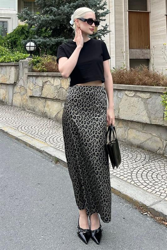MDX Green Leopard Print Satin Midi Skirt MG2079 - Pamplona