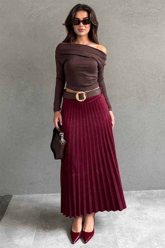 MDX Bordo Pileli Kemerli Uzun Süet Kadın Etek MG2576 - Lluchmayor
