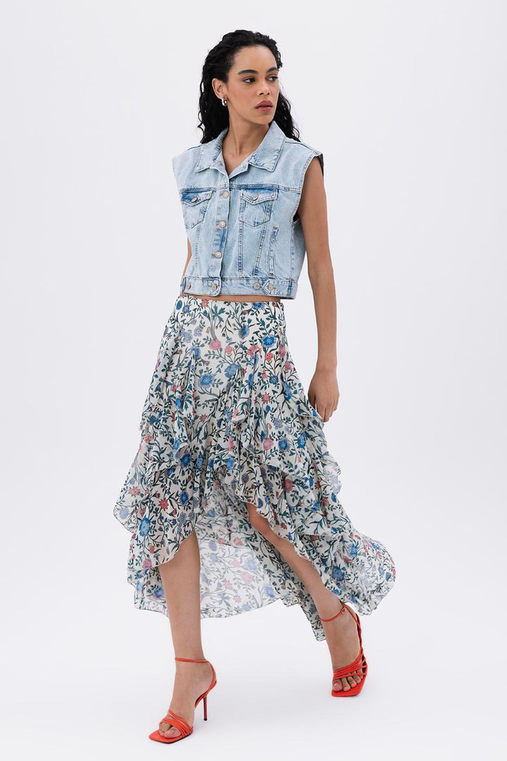BSL Women Asymmetrical Chiffon Skirt with Ruffle Detail - Seaside