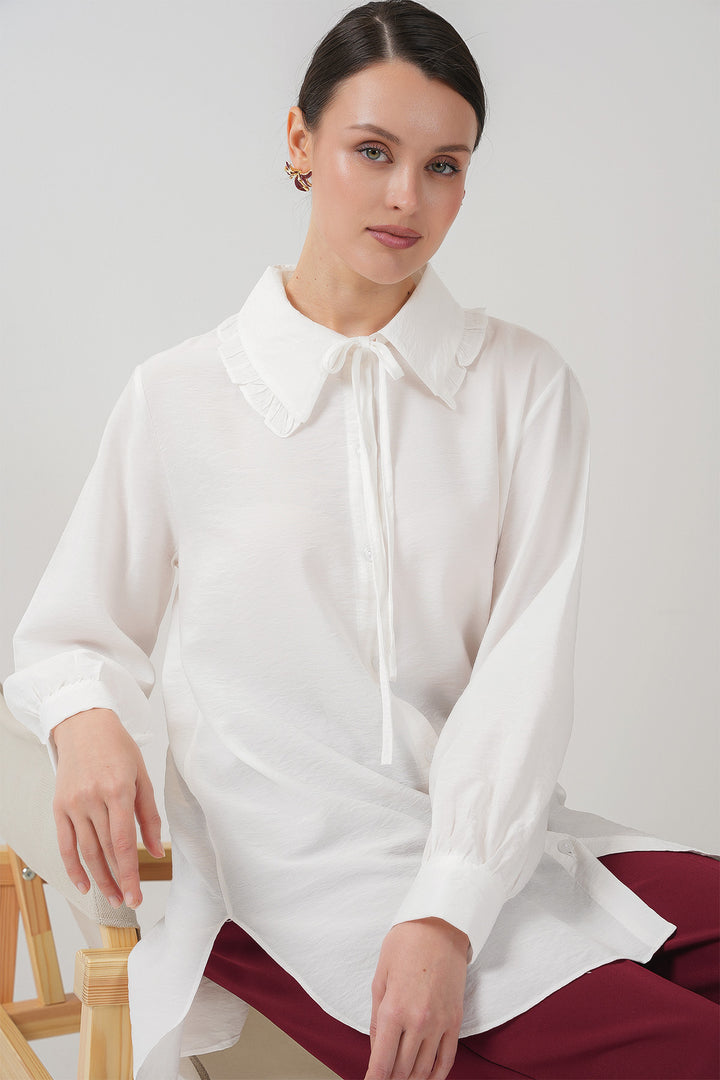 BGD Women Frilly Long Shirt Tunic 5952 - White - Cologno Monzese