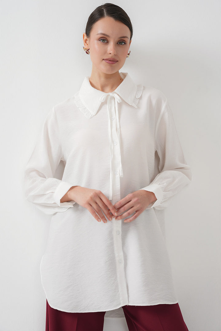 BGD Women Frilly Long Shirt Tunic 5952 - White - Cologno Monzese