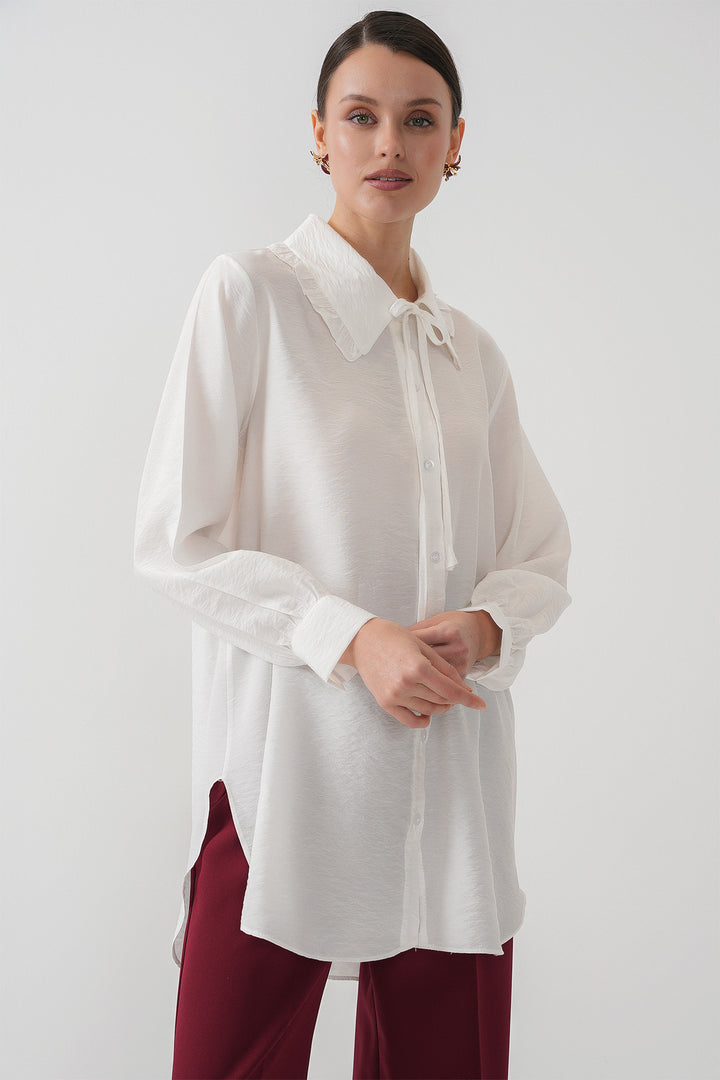 BGD Women Frilly Long Shirt Tunic 5952 - White - Cologno Monzese