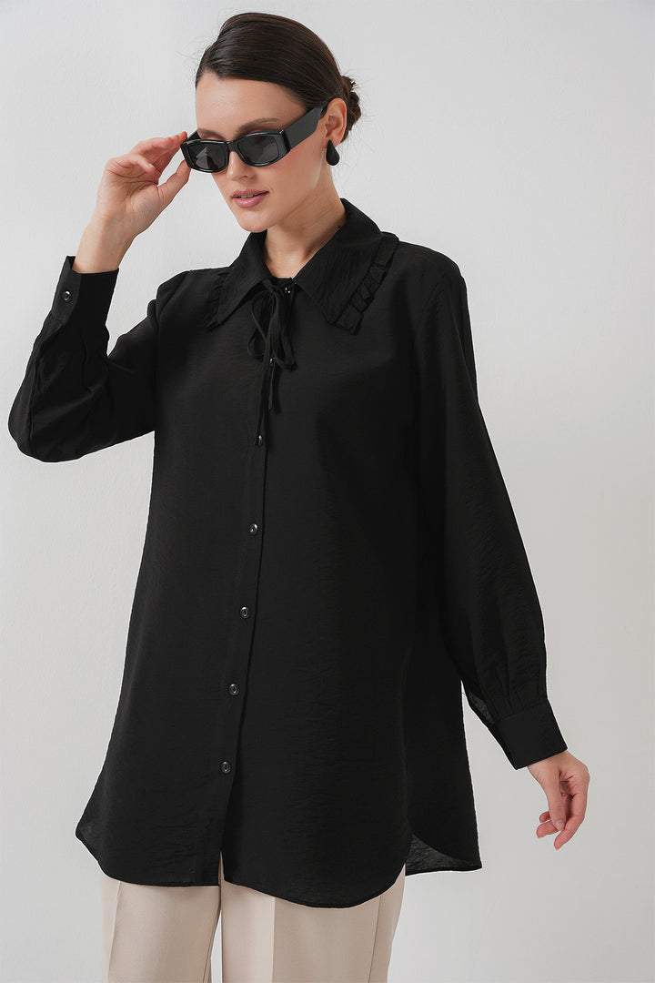 BGD Women Frilly Long Shirt Tunic 5952 - Black - Chattanooga