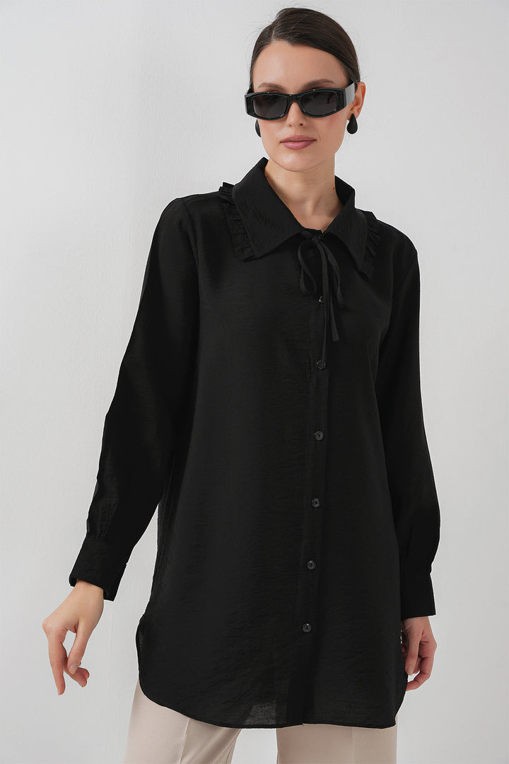 BGD Women Frilly Long Shirt Tunic 5952 - Black - Chattanooga