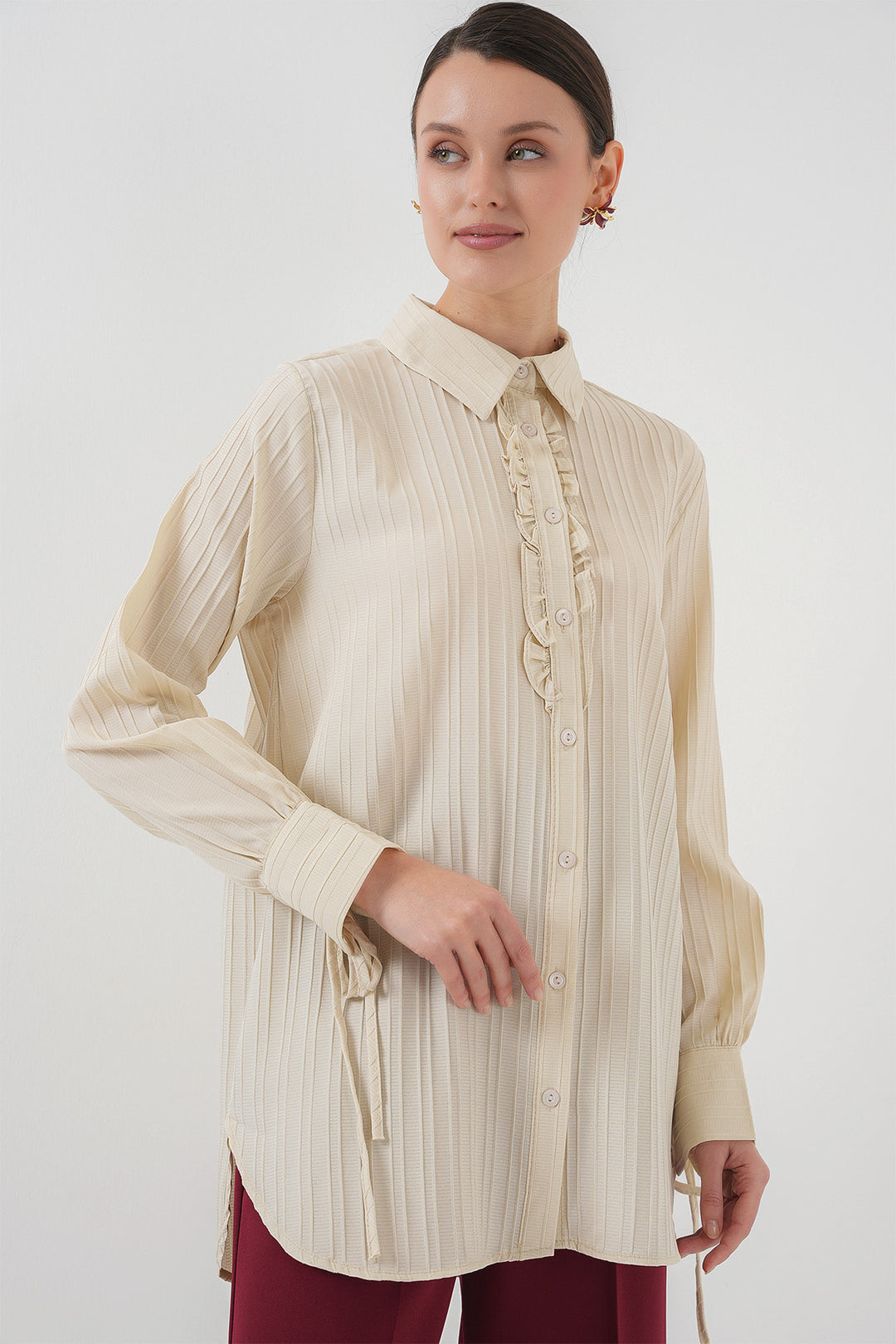 BGD Women Frilly Long Shirt Tunic 5953 - Beige - Tepatitlán de Morelos