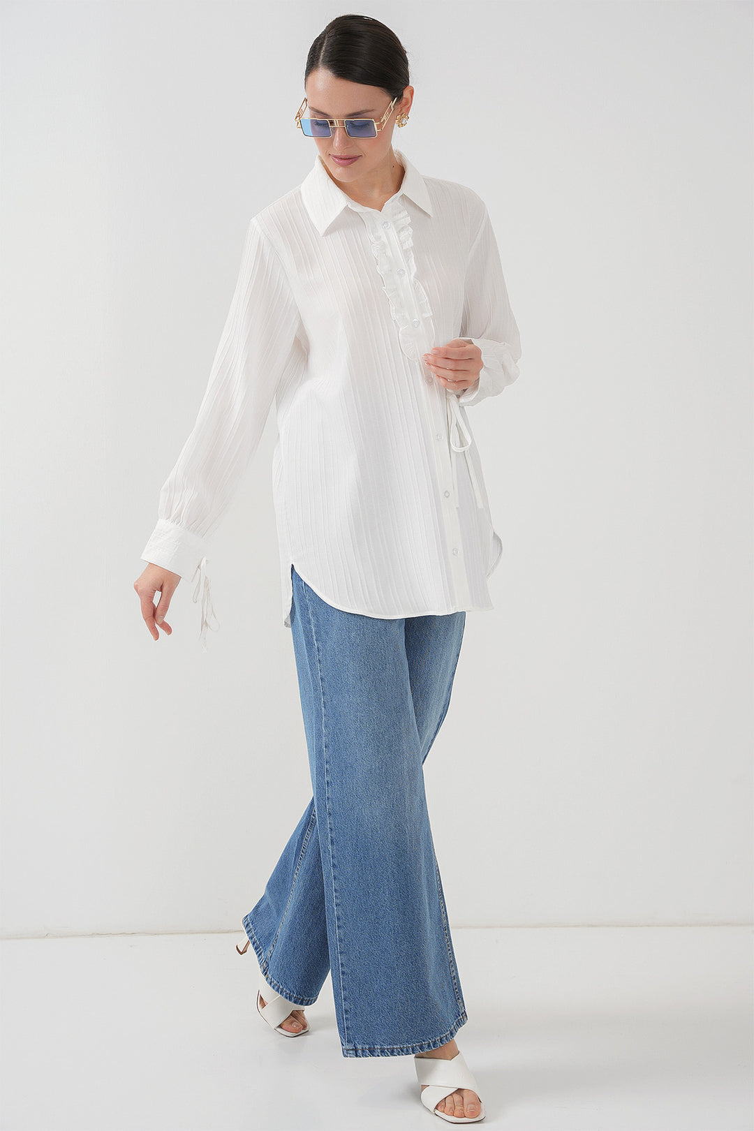 BGD Women Frilly Long Shirt Tunic 5953 - White - Prescott Valley
