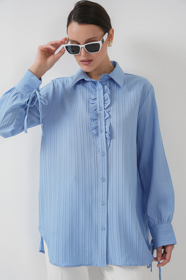 BGD Women Frilly Long Shirt Tunic 5953 - Blue - Estepona