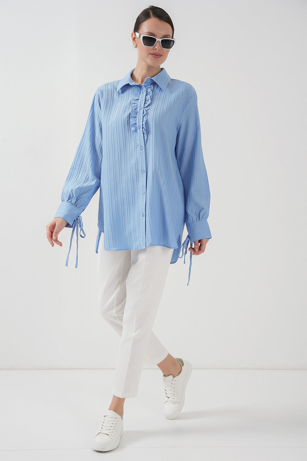 BGD Women Frilly Long Shirt Tunic 5953 - Blue - Estepona