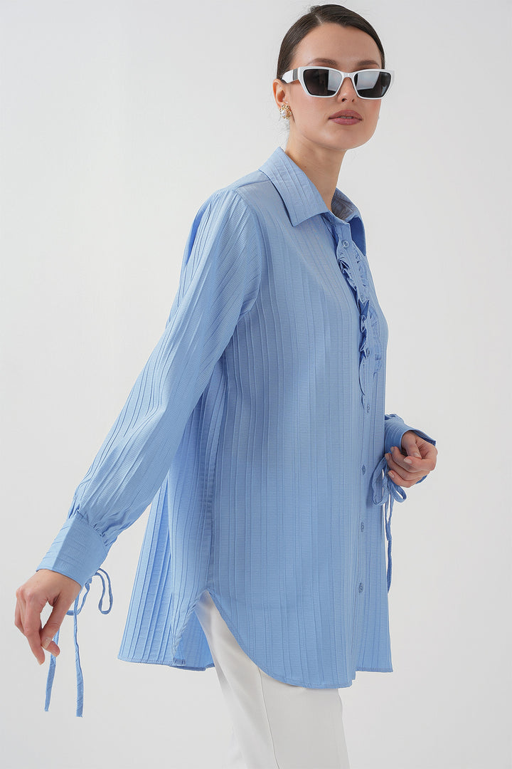 BGD Women Frilly Long Shirt Tunic 5953 - Blue - Estepona