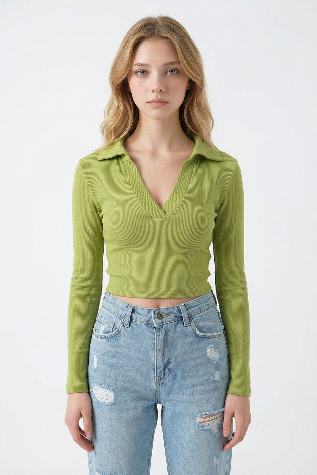 Fıstık Yeşili Polo Yaka Fitilli Yumuşak Dokulu Crop Bluz - Meridian