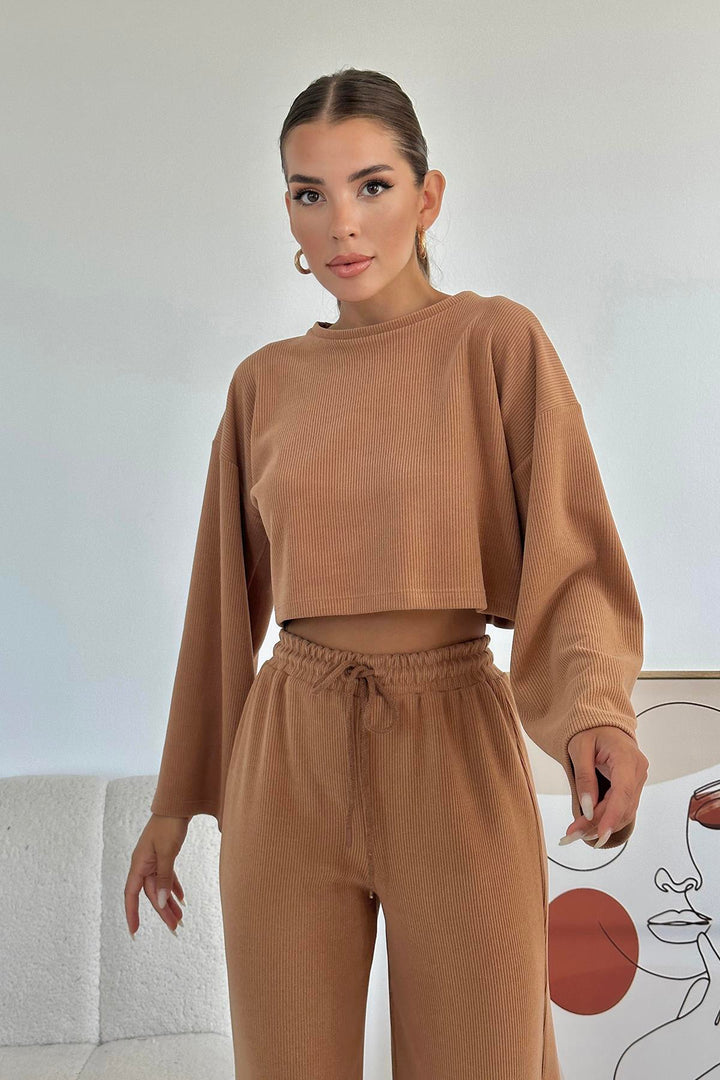 ELS Ribbed Blouse and Pants Set - Camel - Lleida