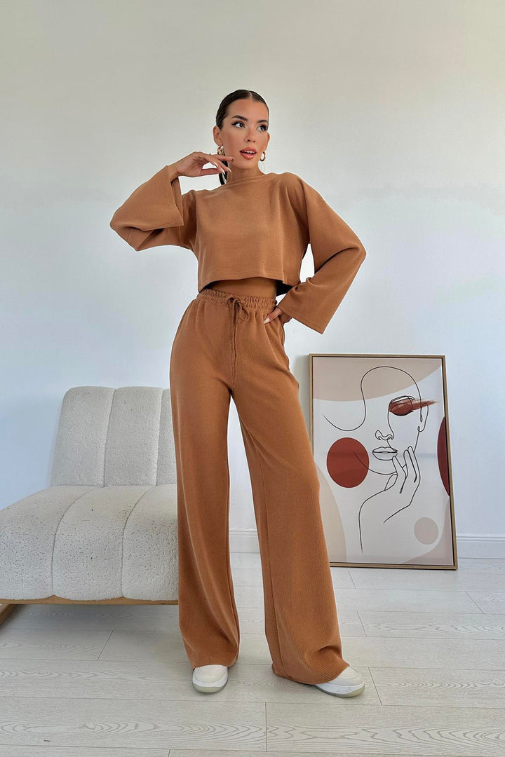 ELS Ribbed Blouse and Pants Set - Camel - Lleida