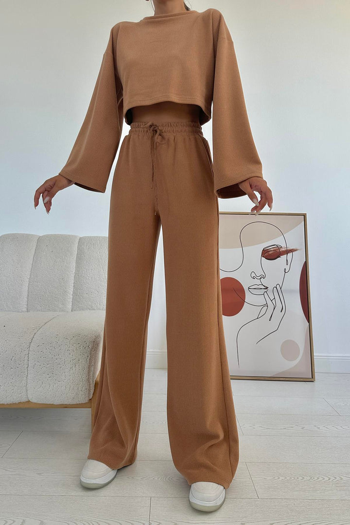 ELS Ribbed Blouse and Pants Set - Camel - Lleida