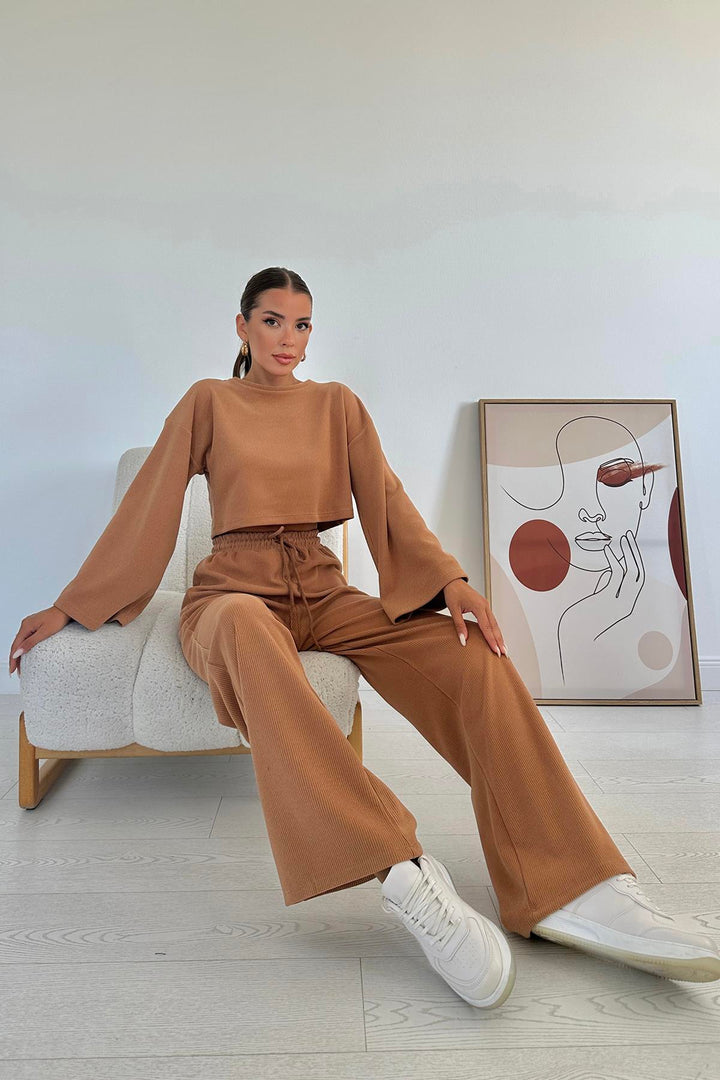 ELS Ribbed Blouse and Pants Set - Camel - Lleida