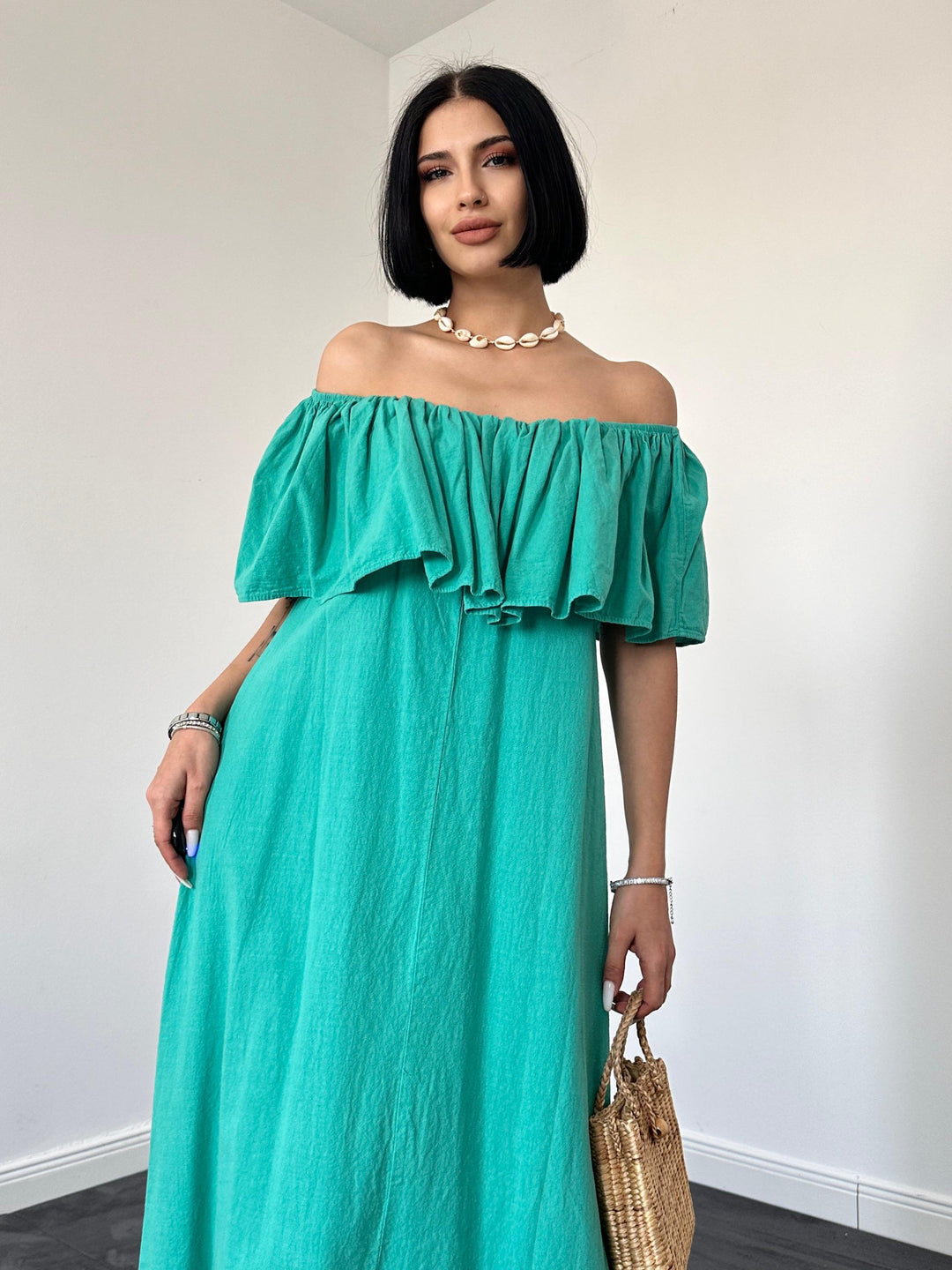ELS Flame Linen Ruched Dress - Green - Owensboro