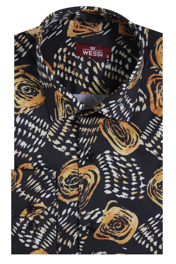 WSS Floral Patterned Long Sleeves Slim Fit Black Men Shirt  - Drummondville