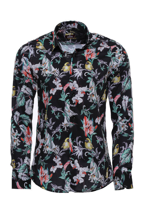WSS Floral Patterned Slim Fit Long Sleeves Black Men Shirt  - Newton