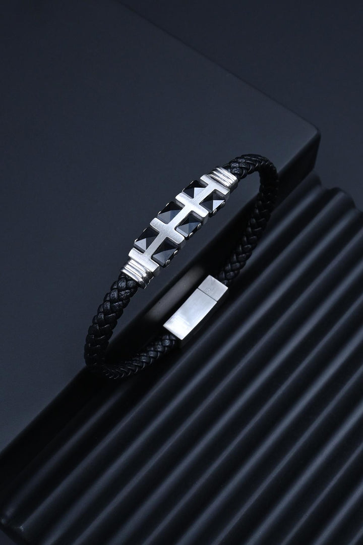 NVM FRNCH 316L Stainless Steel Italian Style Silver Color Leather Men's Bracelet FRJ12285-3285-A - Washington