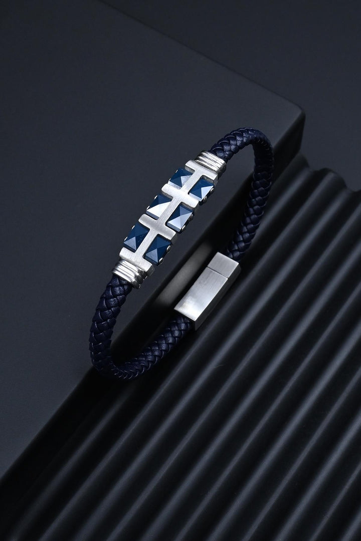NVM FRNCH 316L Stainless Steel Italian Style Navy Blue Leather Men's Bracelet FRJ12285-3285-AL - Getafe