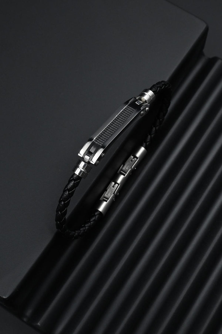 NVM FRNCH 316L Stainless Steel Italian Style Black-Silver Color Leather Men's Bracelet FRJ12288-3288-A - Cergy