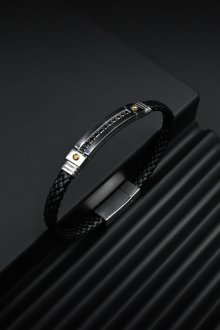 NVM FRNCH 316L Stainless Steel Italian Model Black-Silver Color Leather Men's Bracelet FRJ12301-3301-AB2 - Poitiers