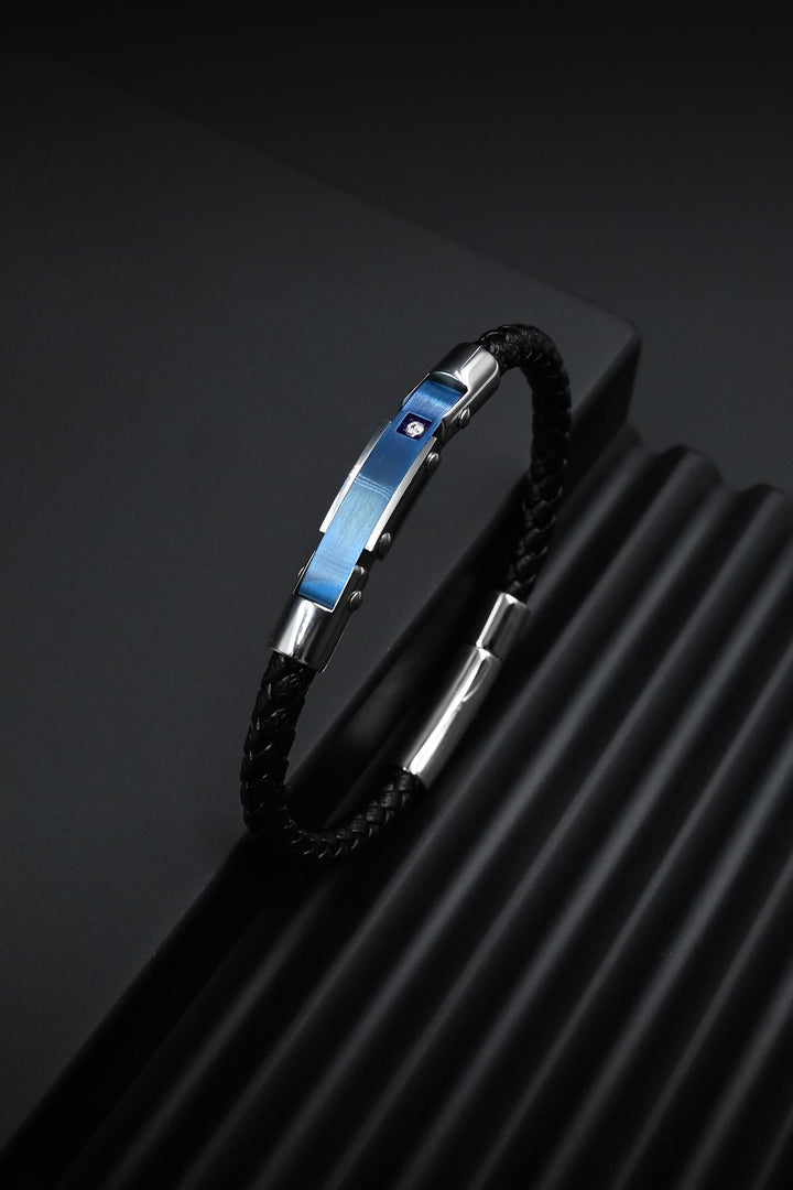 NVM FRNCH 316L Steel Italian Model Black-Navy Blue Color Leather Men's Bracelet FRJ12261-3261-B2L - Leonberg