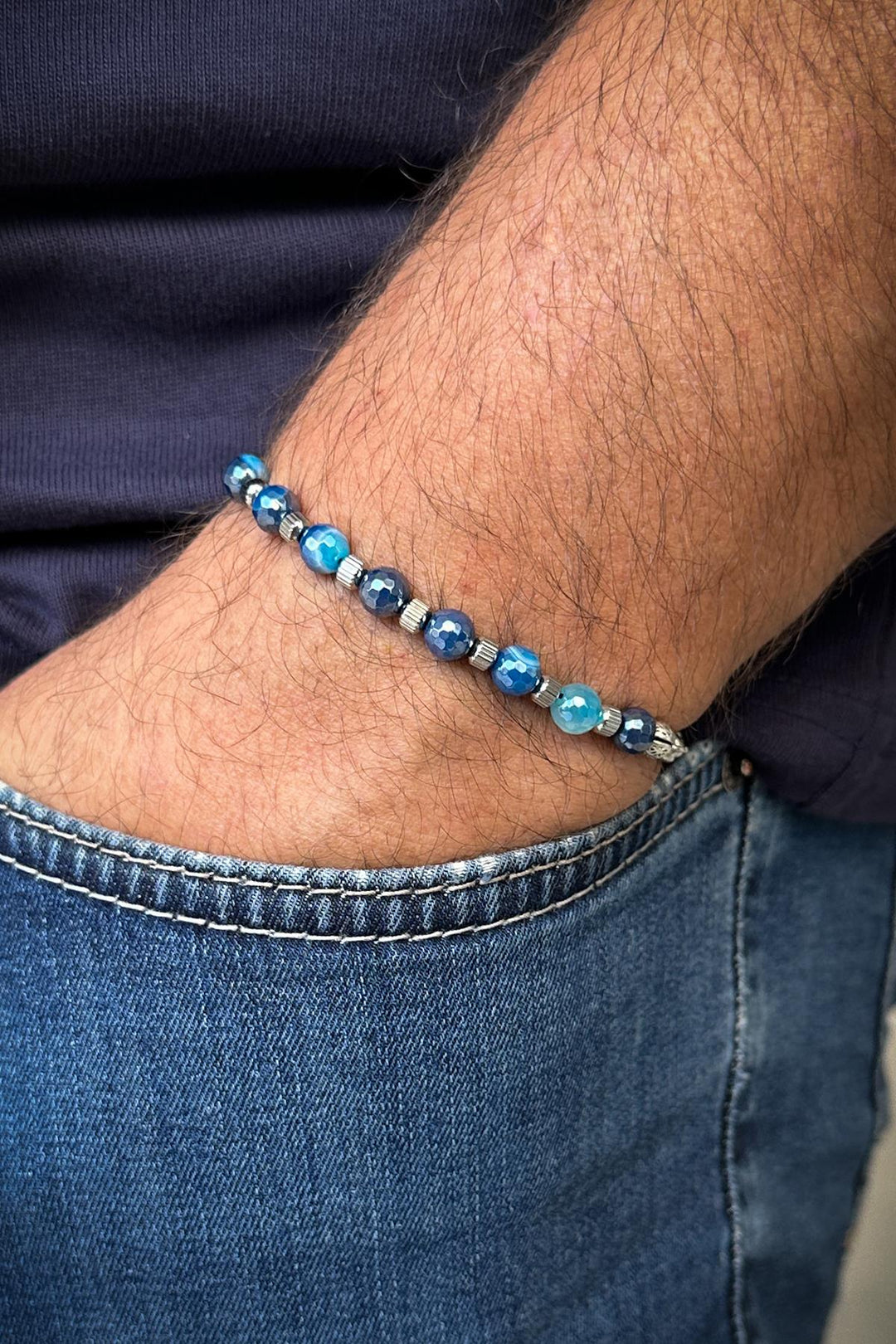 NVM FRNCH 316L Steel Italian Model Titanium Coated Agate Natural Stone Blue Color Men's Bracelet FRJ12259-3259-M2 - Murcia