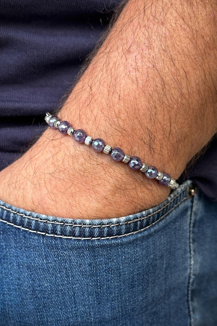 NVM FRNCH 316L Steel Italian Model Titanium Coated Agate Natural Stone Purple Color Men's Bracelet FRJ12259-3259-M - Richland